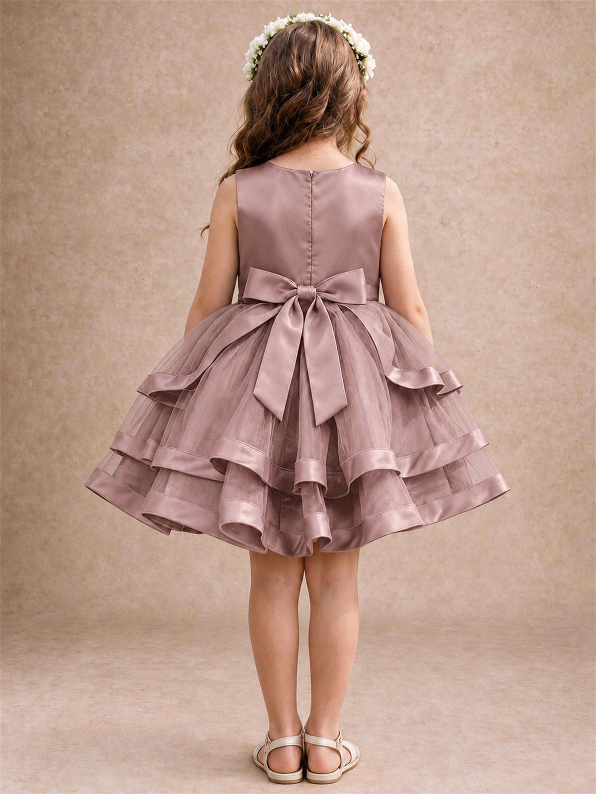 Satin Tulle Flower Girl Dress Tiered Ruffle Skirt Pearl Waist Back Bow Wedding Gown