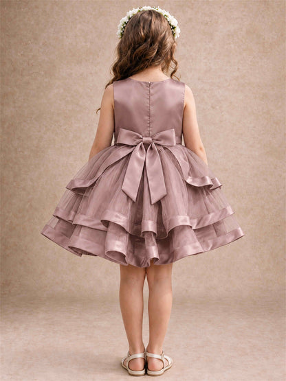 Satin Tulle Flower Girl Dress Tiered Ruffle Skirt Pearl Waist Back Bow Wedding Gown