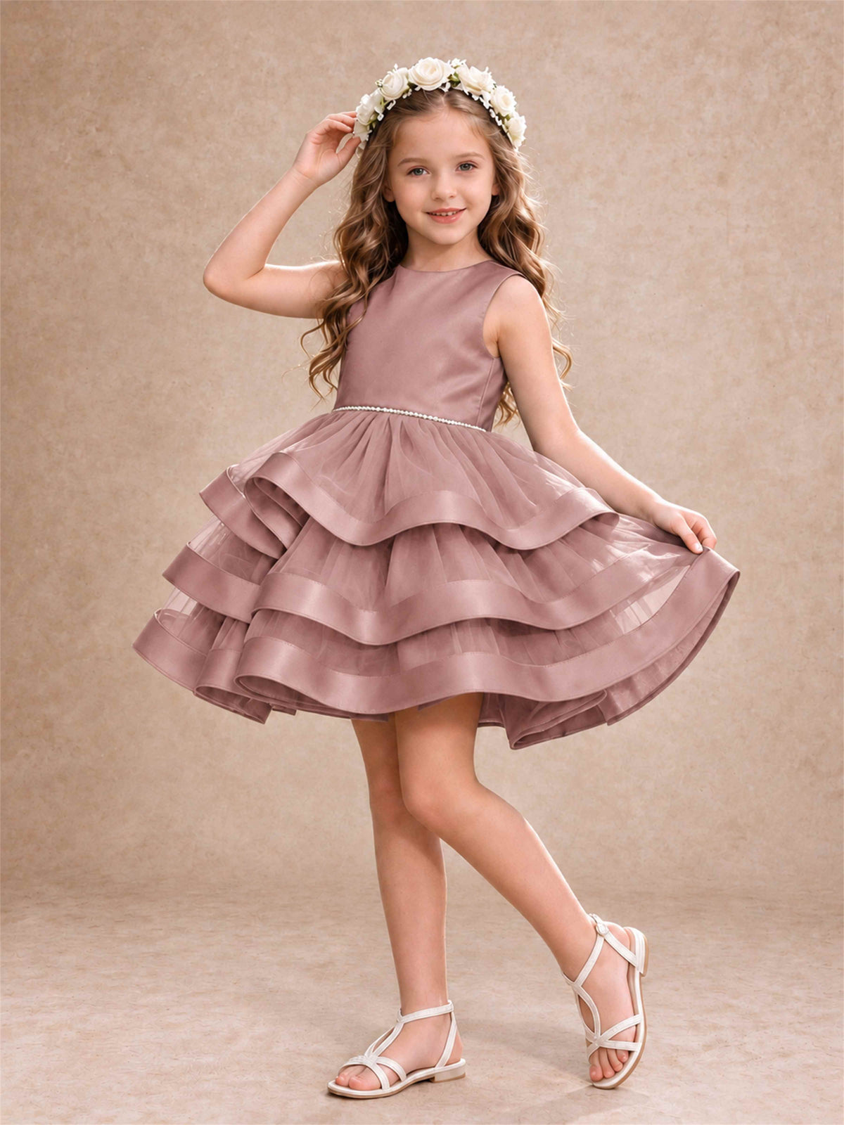 Satin Tulle Flower Girl Dress Tiered Ruffle Skirt Pearl Waist Back Bow Wedding Gown
