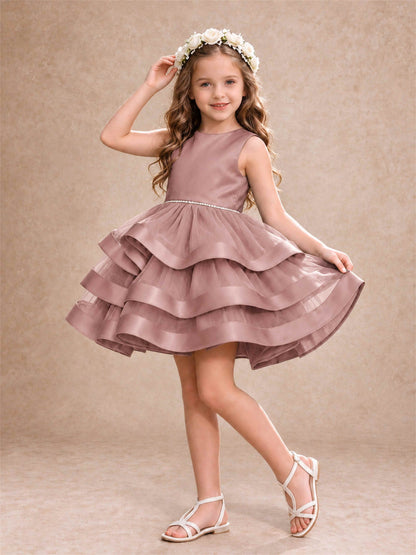 Satin Tulle Flower Girl Dress Tiered Ruffle Skirt Pearl Waist Back Bow Wedding Gown