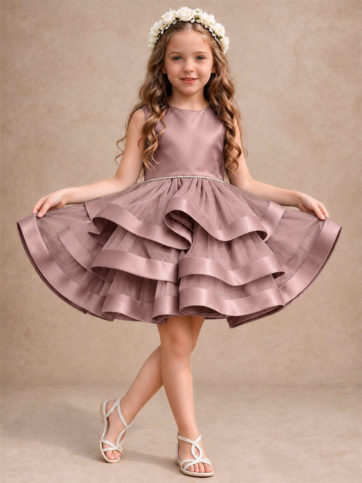 Satin Tulle Flower Girl Dress Tiered Ruffle Skirt Pearl Waist Back Bow Wedding Gown