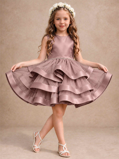 Satin Tulle Flower Girl Dress Tiered Ruffle Skirt Pearl Waist Back Bow Wedding Gown