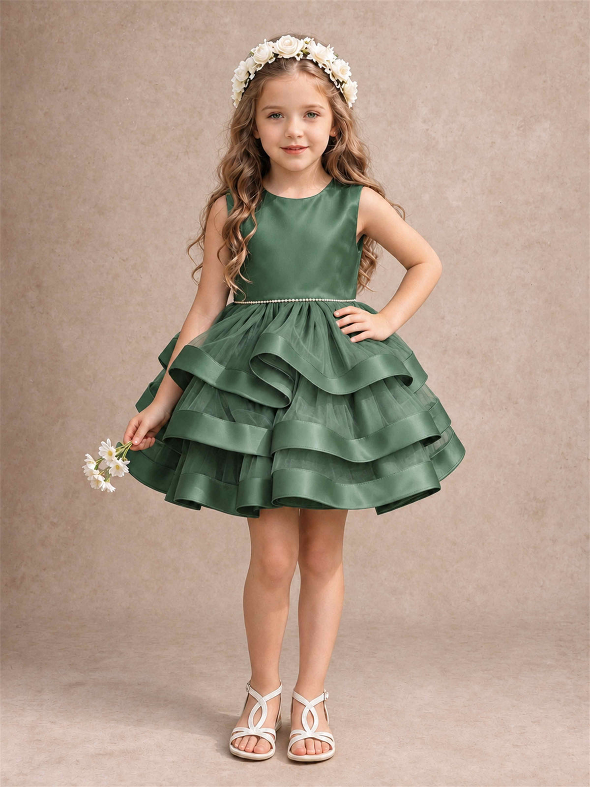 Satin Tulle Flower Girl Dress Tiered Ruffle Skirt Pearl Waist Back Bow Wedding Gown