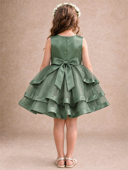 Satin Tulle Flower Girl Dress Tiered Ruffle Skirt Pearl Waist Back Bow Wedding Gown