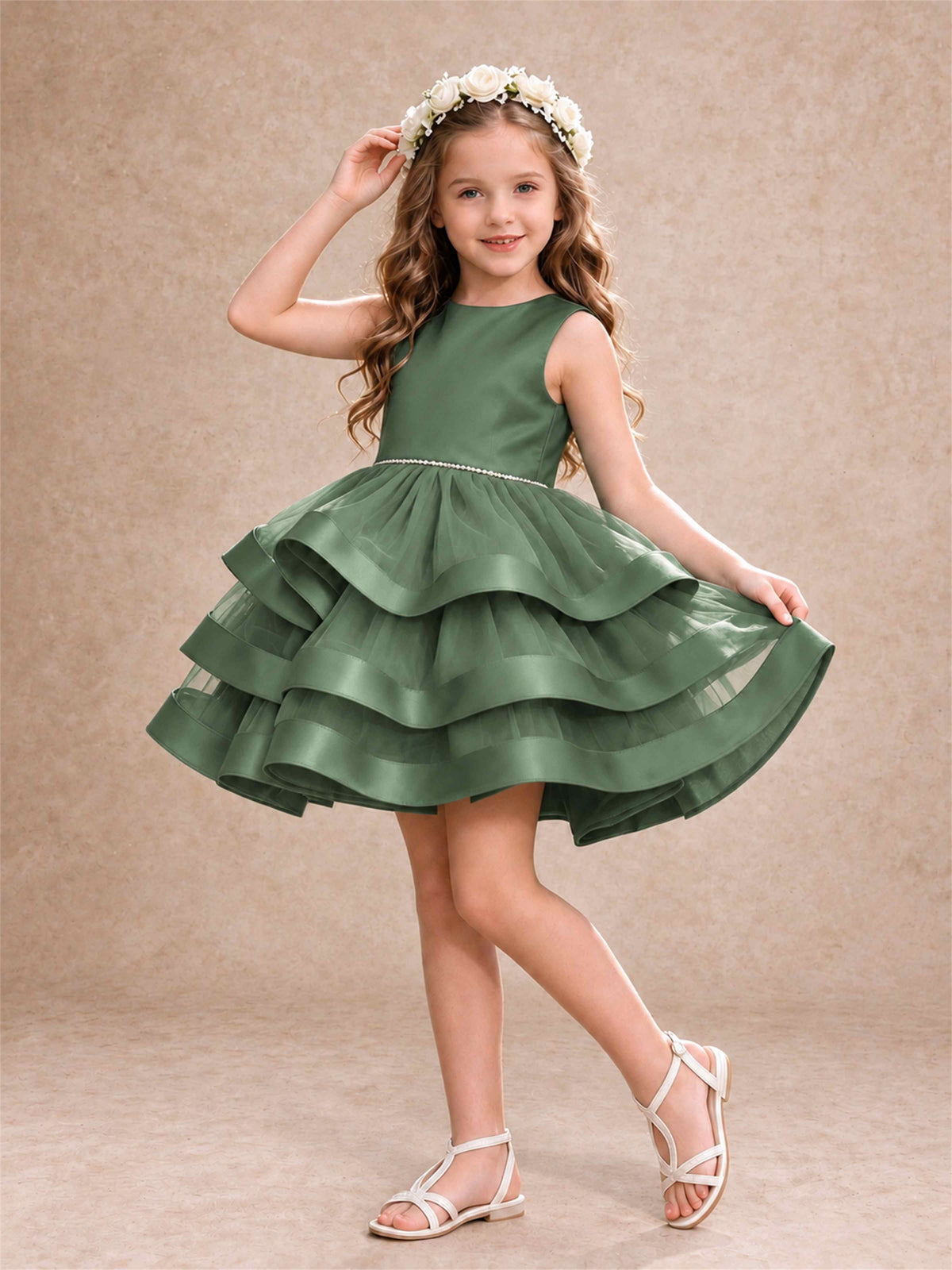 Satin Tulle Flower Girl Dress Tiered Ruffle Skirt Pearl Waist Back Bow Wedding Gown