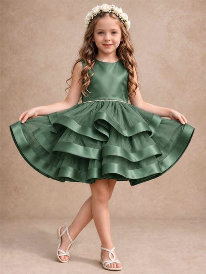 Satin Tulle Flower Girl Dress Tiered Ruffle Skirt Pearl Waist Back Bow Wedding Gown