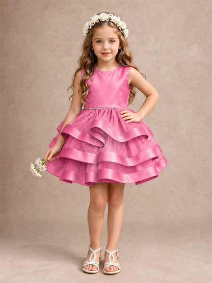 Satin Tulle Flower Girl Dress Tiered Ruffle Skirt Pearl Waist Back Bow Wedding Gown