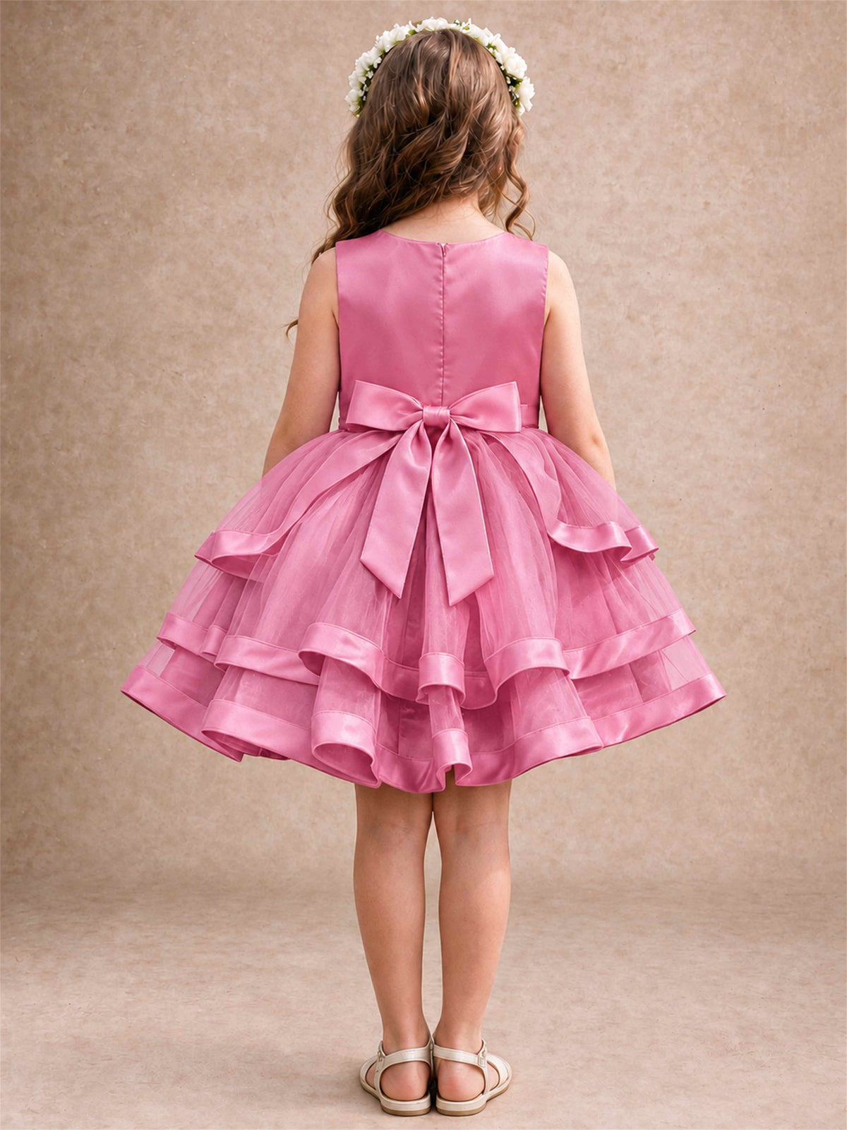 Satin Tulle Flower Girl Dress Tiered Ruffle Skirt Pearl Waist Back Bow Wedding Gown
