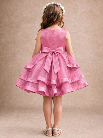 Satin Tulle Flower Girl Dress Tiered Ruffle Skirt Pearl Waist Back Bow Wedding Gown