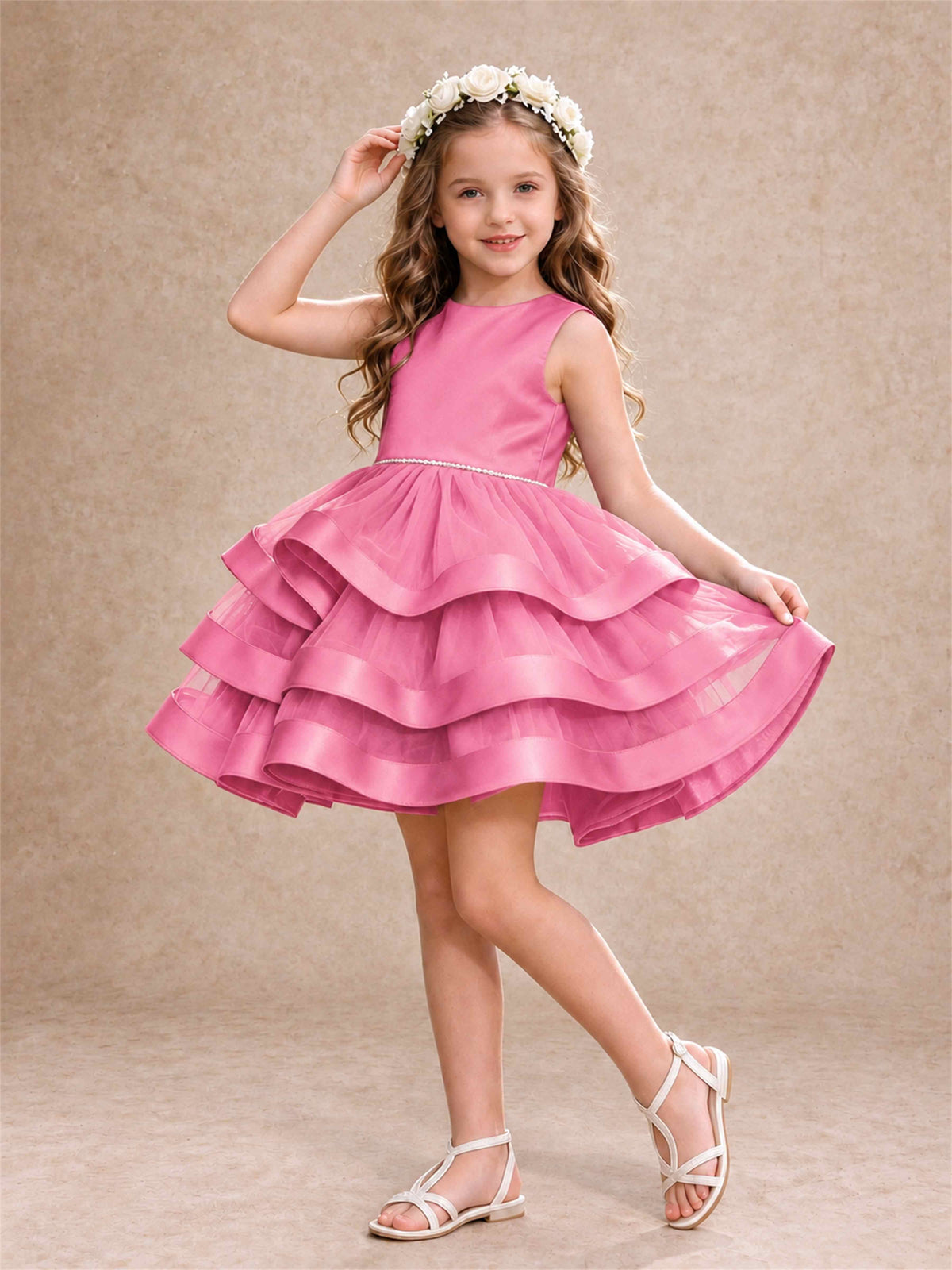 Satin Tulle Flower Girl Dress Tiered Ruffle Skirt Pearl Waist Back Bow Wedding Gown