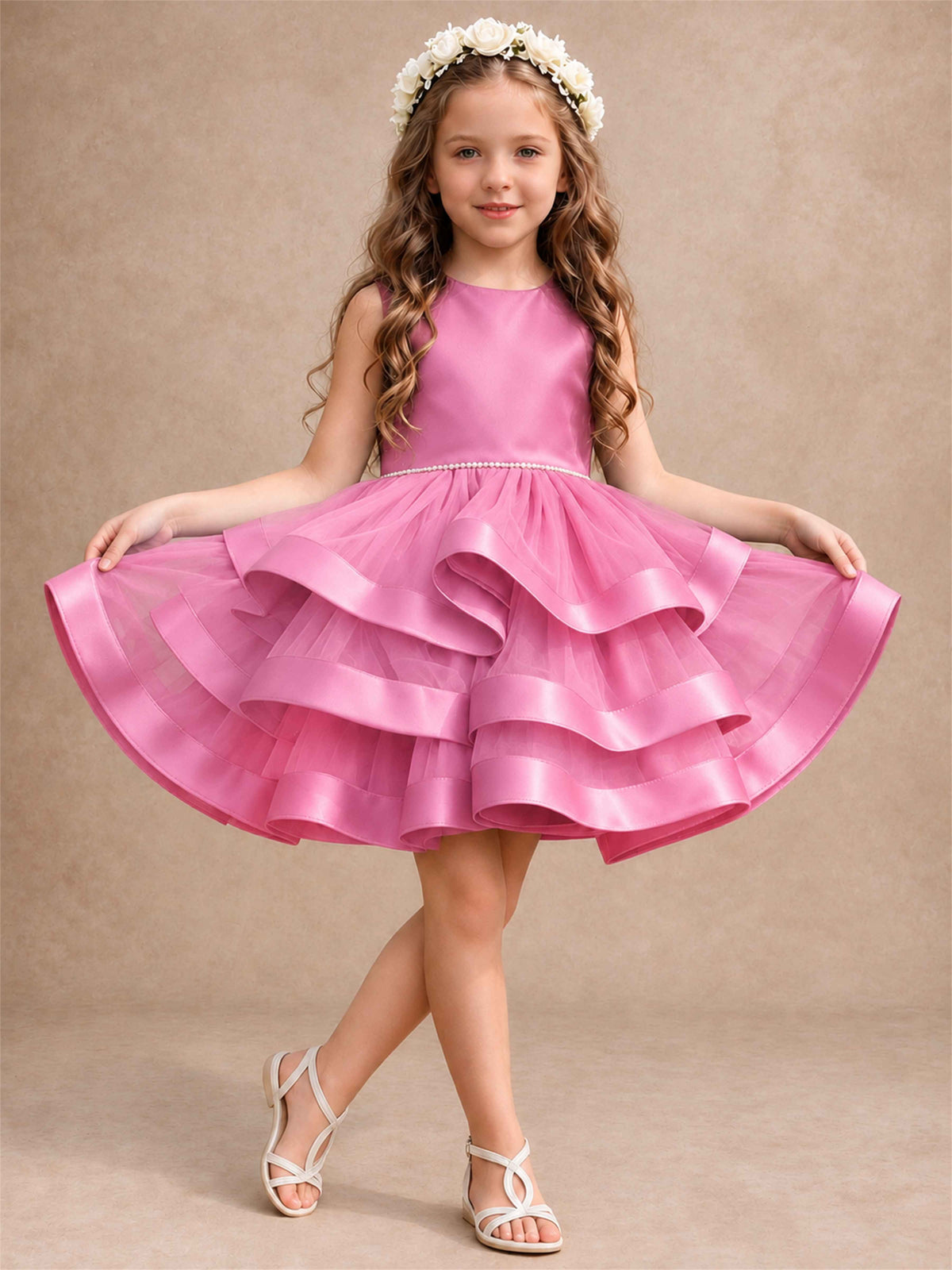 Satin Tulle Flower Girl Dress Tiered Ruffle Skirt Pearl Waist Back Bow Wedding Gown