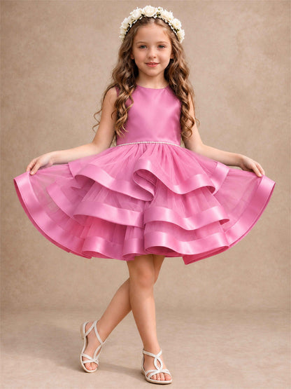 Satin Tulle Flower Girl Dress Tiered Ruffle Skirt Pearl Waist Back Bow Wedding Gown