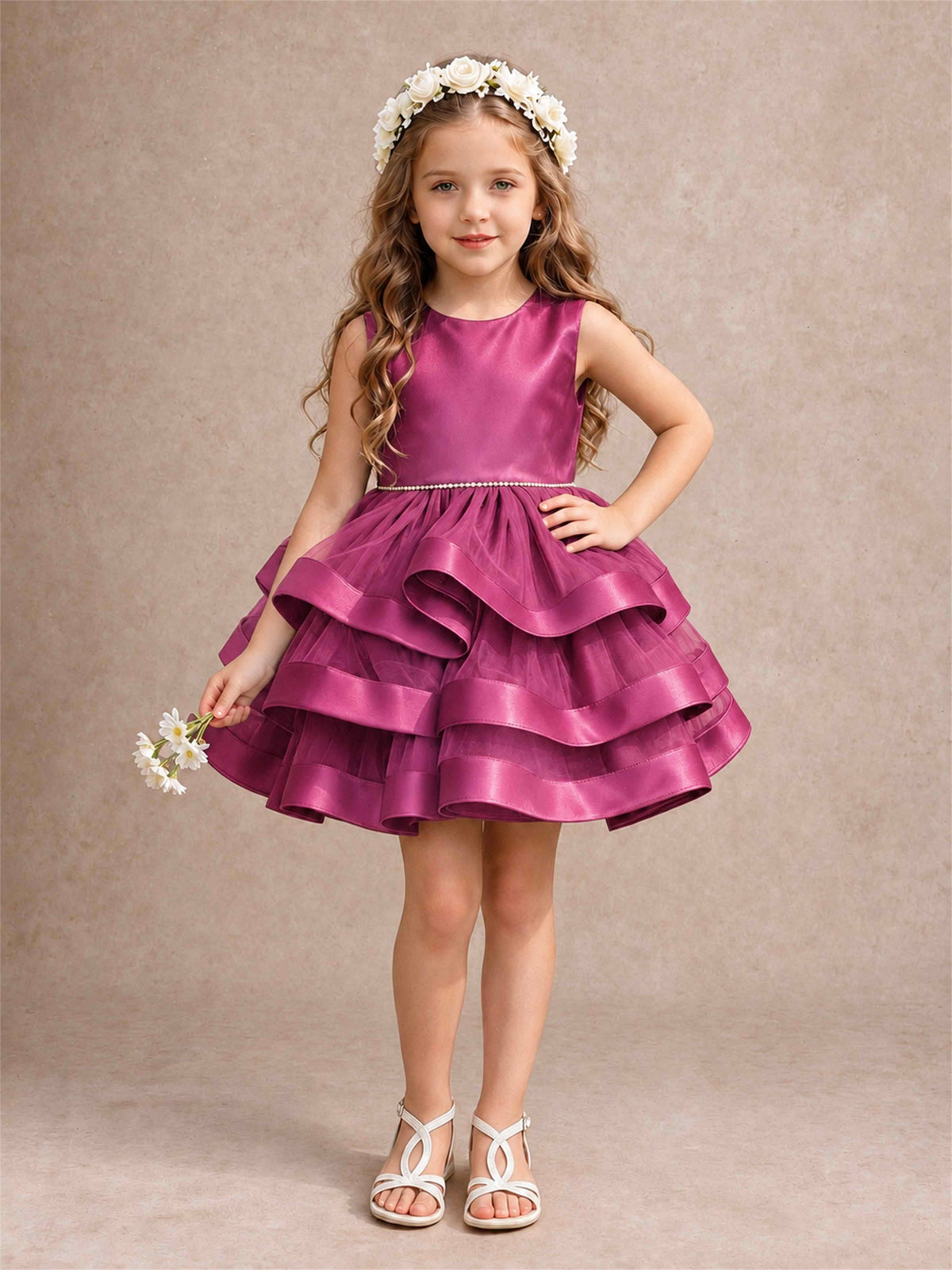 Satin Tulle Flower Girl Dress Tiered Ruffle Skirt Pearl Waist Back Bow Wedding Gown