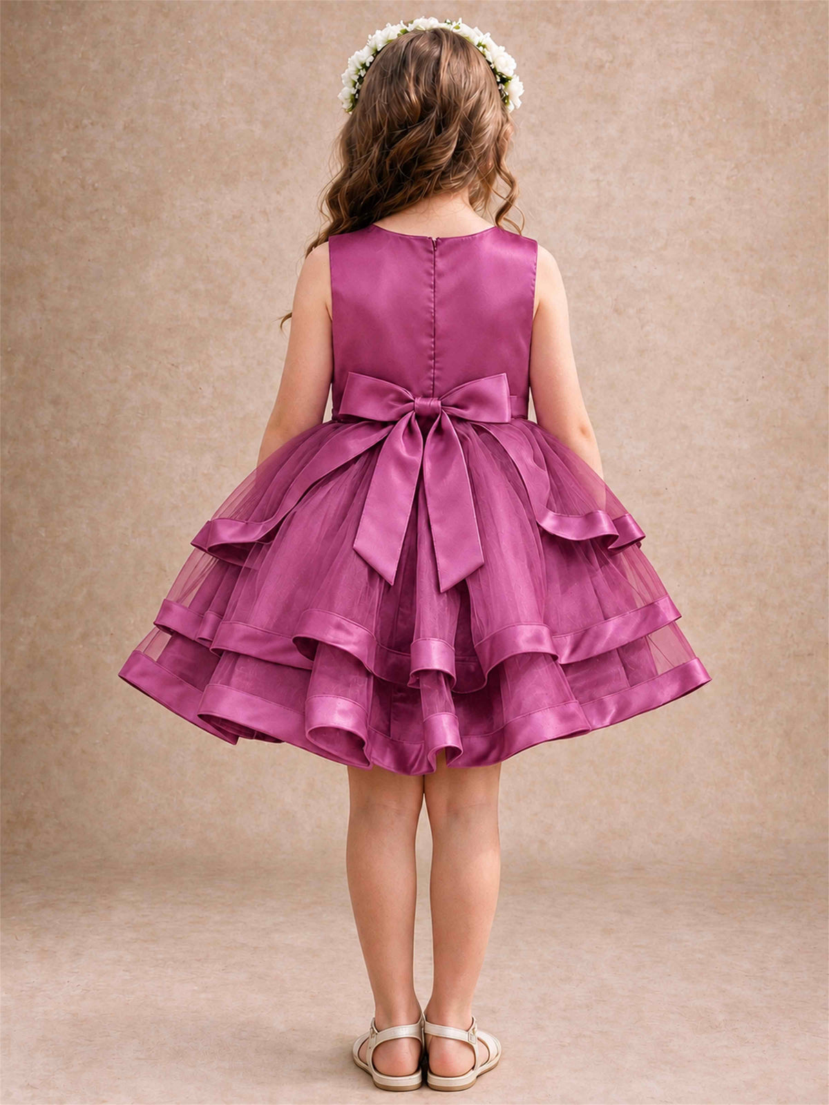 Satin Tulle Flower Girl Dress Tiered Ruffle Skirt Pearl Waist Back Bow Wedding Gown