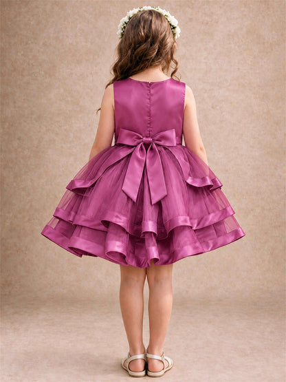 Satin Tulle Flower Girl Dress Tiered Ruffle Skirt Pearl Waist Back Bow Wedding Gown