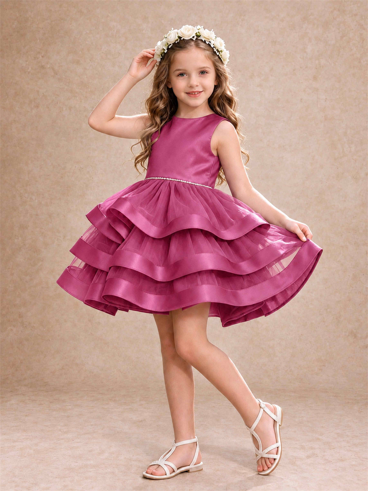 Satin Tulle Flower Girl Dress Tiered Ruffle Skirt Pearl Waist Back Bow Wedding Gown