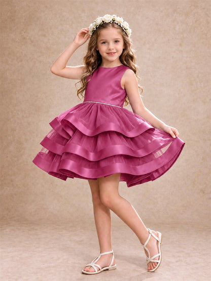 Satin Tulle Flower Girl Dress Tiered Ruffle Skirt Pearl Waist Back Bow Wedding Gown