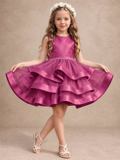 Satin Tulle Flower Girl Dress Tiered Ruffle Skirt Pearl Waist Back Bow Wedding Gown