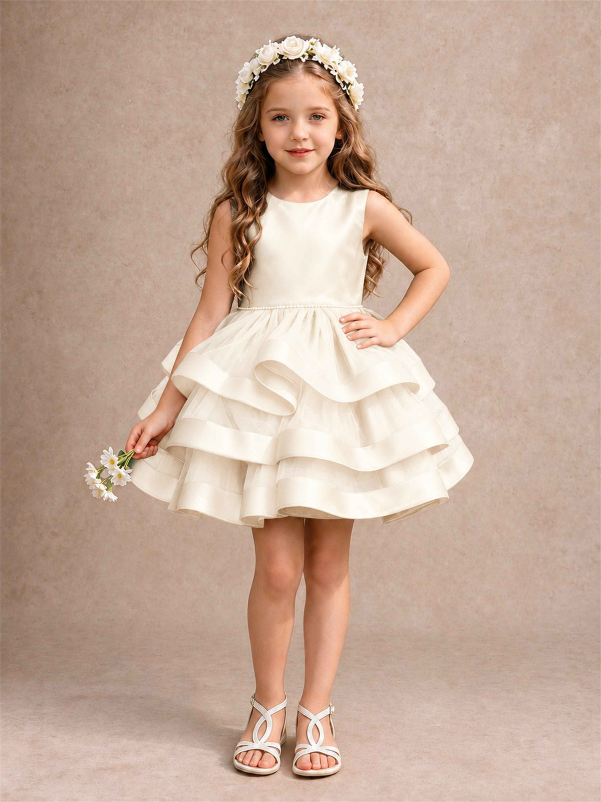 Satin Tulle Flower Girl Dress Tiered Ruffle Skirt Pearl Waist Back Bow Wedding Gown
