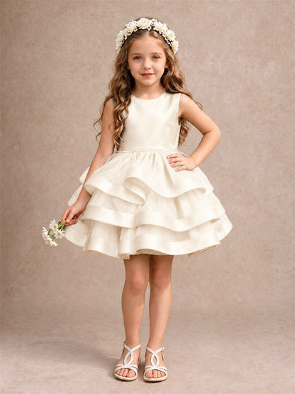 Satin Tulle Flower Girl Dress Tiered Ruffle Skirt Pearl Waist Back Bow Wedding Gown
