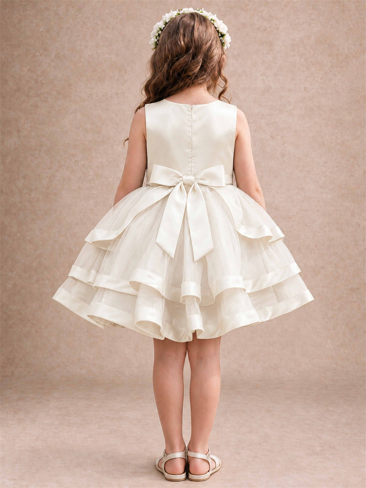 Satin Tulle Flower Girl Dress Tiered Ruffle Skirt Pearl Waist Back Bow Wedding Gown