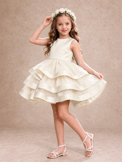 Satin Tulle Flower Girl Dress Tiered Ruffle Skirt Pearl Waist Back Bow Wedding Gown
