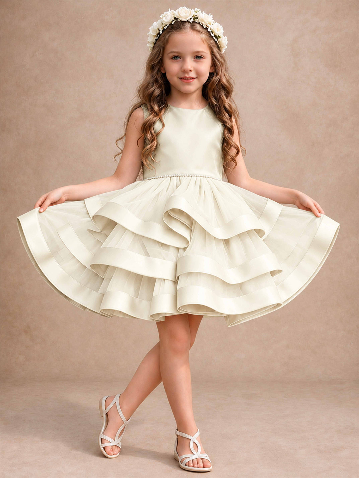 Satin Tulle Flower Girl Dress Tiered Ruffle Skirt Pearl Waist Back Bow Wedding Gown