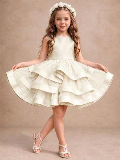 Satin Tulle Flower Girl Dress Tiered Ruffle Skirt Pearl Waist Back Bow Wedding Gown