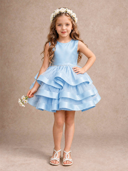 Satin Tulle Flower Girl Dress Tiered Ruffle Skirt Pearl Waist Back Bow Wedding Gown