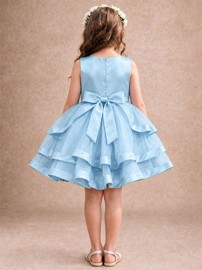 Satin Tulle Flower Girl Dress Tiered Ruffle Skirt Pearl Waist Back Bow Wedding Gown