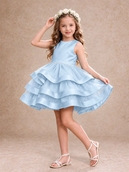 Satin Tulle Flower Girl Dress Tiered Ruffle Skirt Pearl Waist Back Bow Wedding Gown