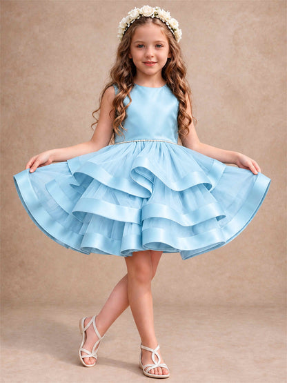 Satin Tulle Flower Girl Dress Tiered Ruffle Skirt Pearl Waist Back Bow Wedding Gown