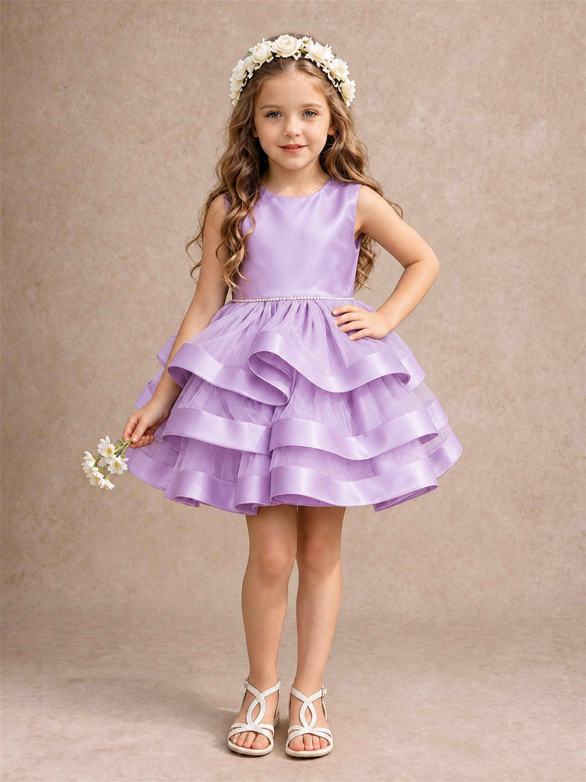 Satin Tulle Flower Girl Dress Tiered Ruffle Skirt Pearl Waist Back Bow Wedding Gown
