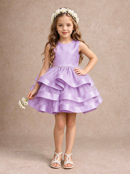 Satin Tulle Flower Girl Dress Tiered Ruffle Skirt Pearl Waist Back Bow Wedding Gown