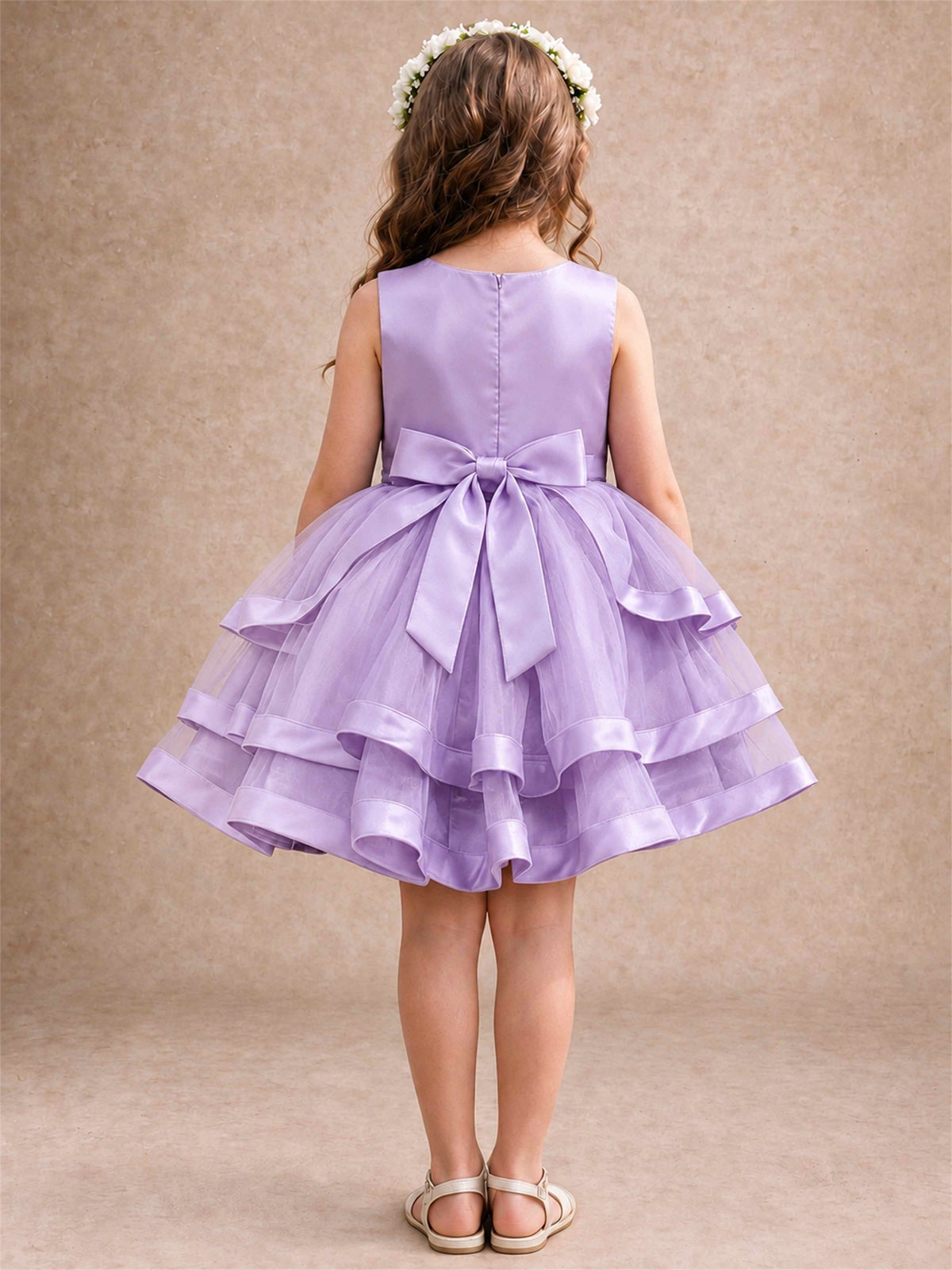 Satin Tulle Flower Girl Dress Tiered Ruffle Skirt Pearl Waist Back Bow Wedding Gown