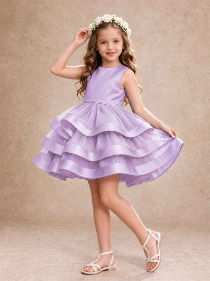 Satin Tulle Flower Girl Dress Tiered Ruffle Skirt Pearl Waist Back Bow Wedding Gown