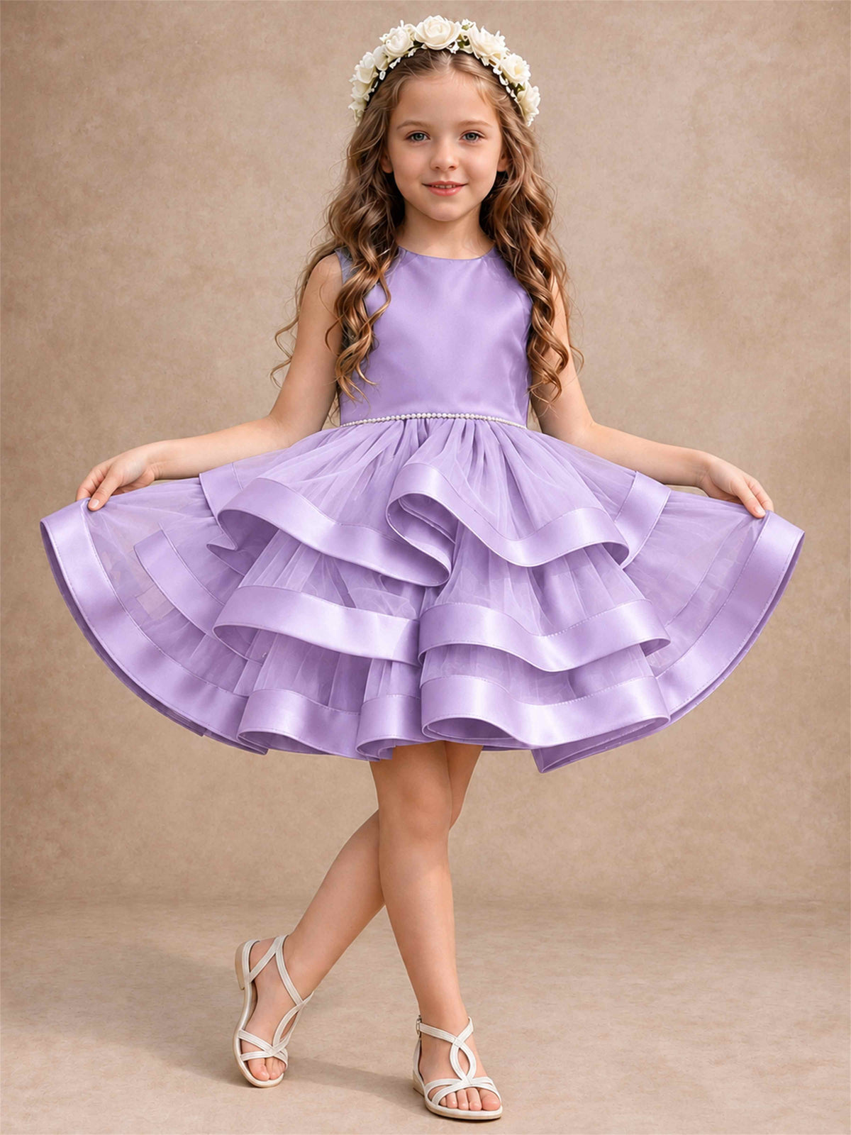 Satin Tulle Flower Girl Dress Tiered Ruffle Skirt Pearl Waist Back Bow Wedding Gown