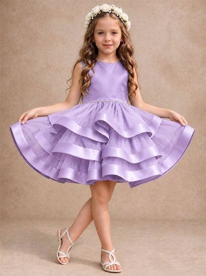Satin Tulle Flower Girl Dress Tiered Ruffle Skirt Pearl Waist Back Bow Wedding Gown