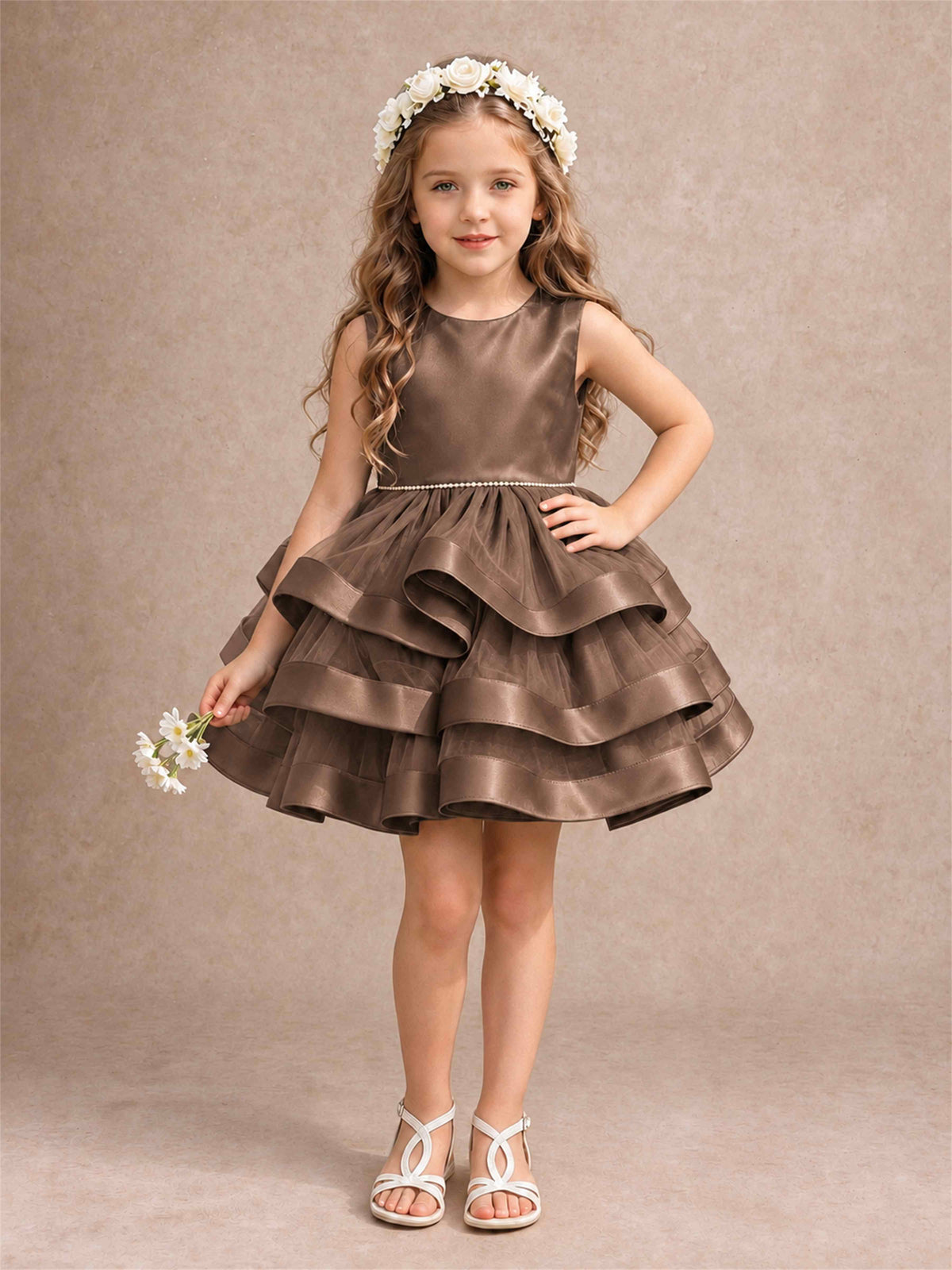 Satin Tulle Flower Girl Dress Tiered Ruffle Skirt Pearl Waist Back Bow Wedding Gown
