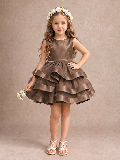 Satin Tulle Flower Girl Dress Tiered Ruffle Skirt Pearl Waist Back Bow Wedding Gown
