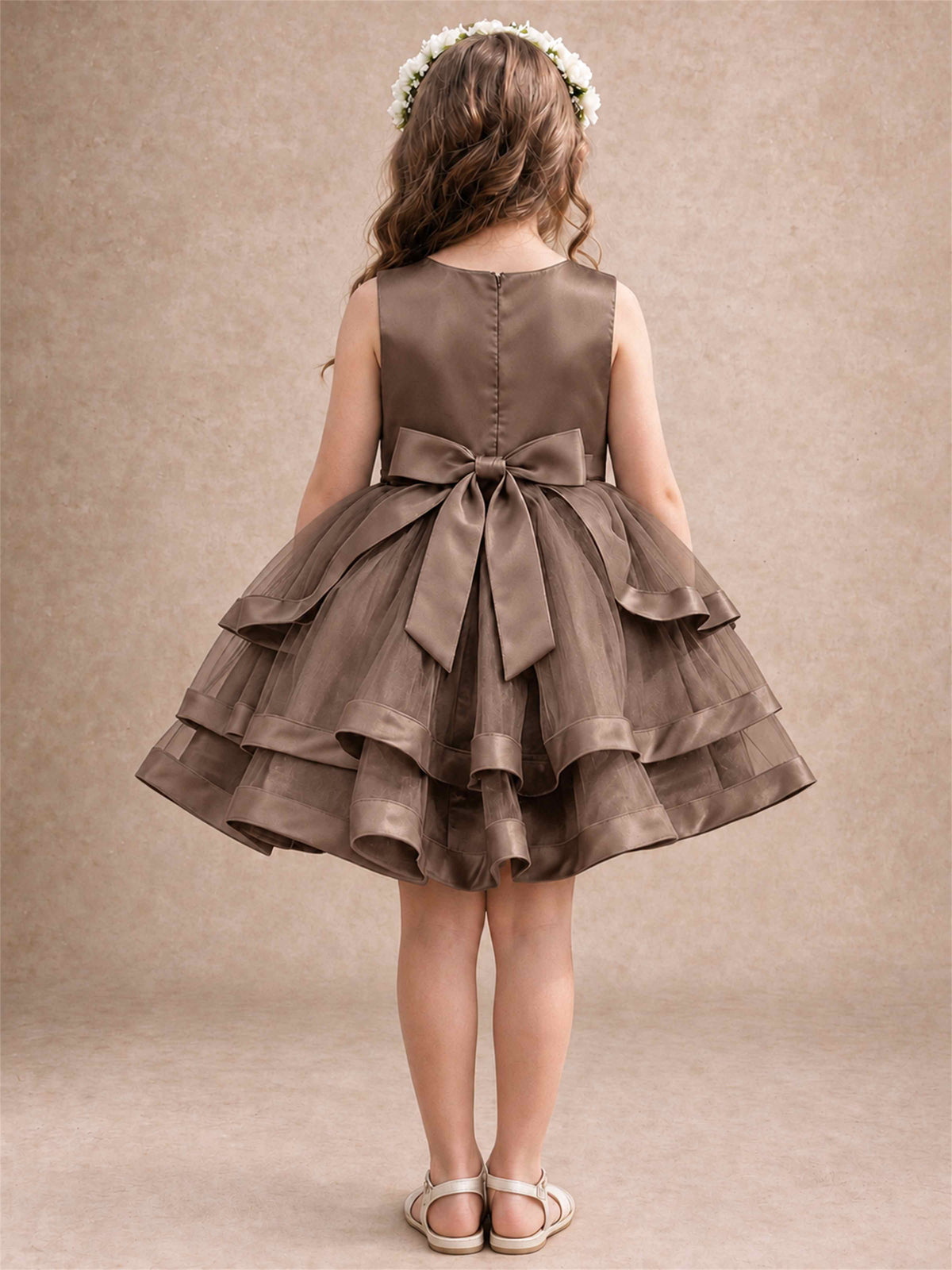 Satin Tulle Flower Girl Dress Tiered Ruffle Skirt Pearl Waist Back Bow Wedding Gown
