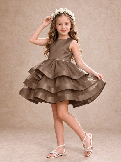 Satin Tulle Flower Girl Dress Tiered Ruffle Skirt Pearl Waist Back Bow Wedding Gown