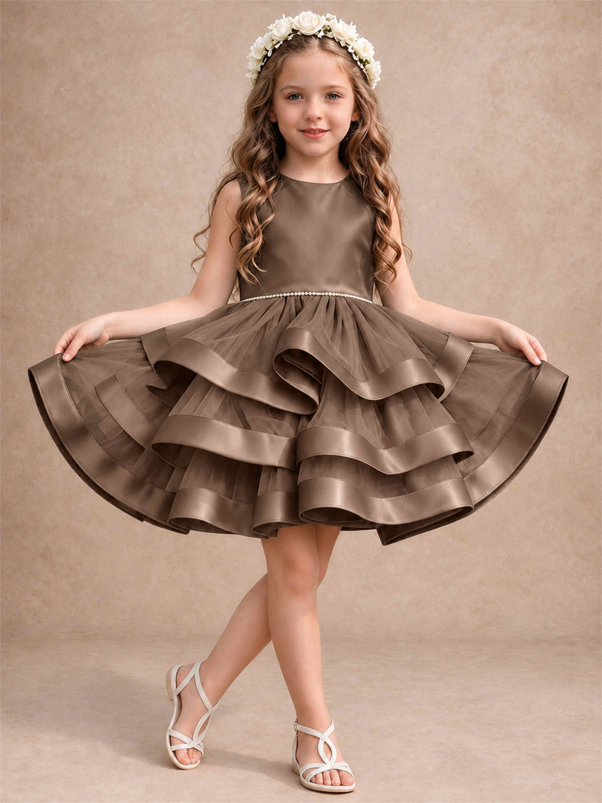 Satin Tulle Flower Girl Dress Tiered Ruffle Skirt Pearl Waist Back Bow Wedding Gown