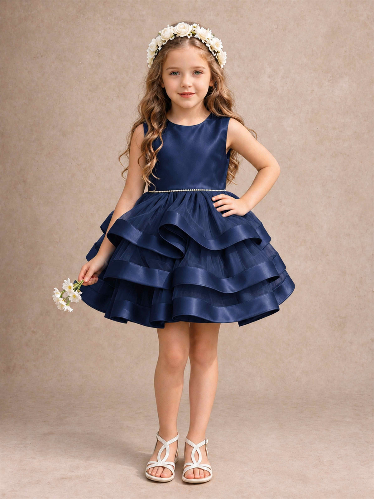 Satin Tulle Flower Girl Dress Tiered Ruffle Skirt Pearl Waist Back Bow Wedding Gown