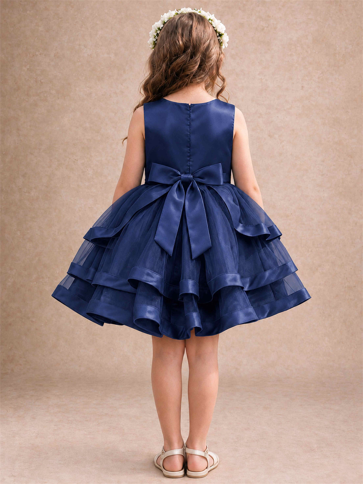 Satin Tulle Flower Girl Dress Tiered Ruffle Skirt Pearl Waist Back Bow Wedding Gown