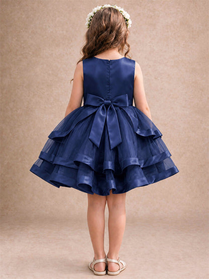 Satin Tulle Flower Girl Dress Tiered Ruffle Skirt Pearl Waist Back Bow Wedding Gown