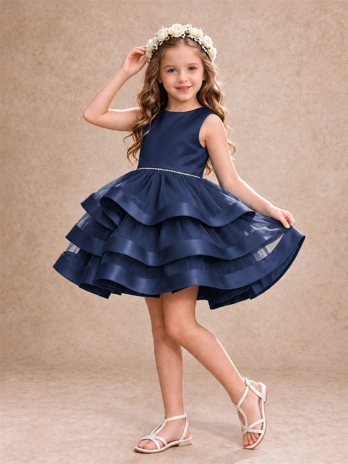 Satin Tulle Flower Girl Dress Tiered Ruffle Skirt Pearl Waist Back Bow Wedding Gown