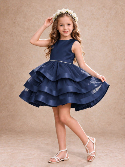 Satin Tulle Flower Girl Dress Tiered Ruffle Skirt Pearl Waist Back Bow Wedding Gown