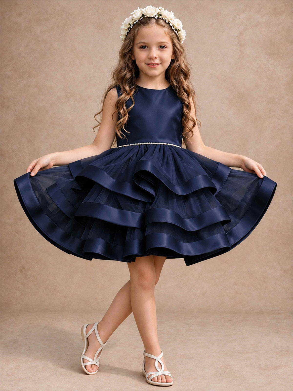 Satin Tulle Flower Girl Dress Tiered Ruffle Skirt Pearl Waist Back Bow Wedding Gown
