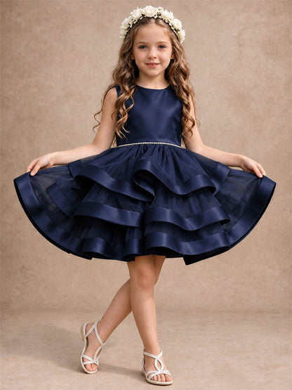 Satin Tulle Flower Girl Dress Tiered Ruffle Skirt Pearl Waist Back Bow Wedding Gown